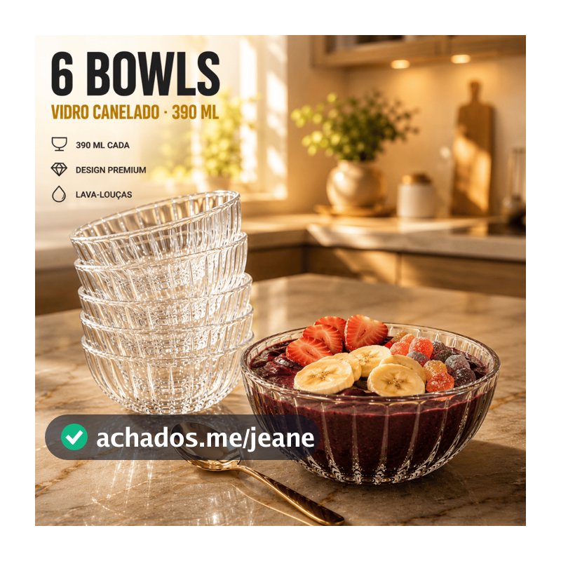 Conjunto 6 Bowls 390ml Kit Tigela Vidro Transparente Jogo Canelado Sobremesa Sorvete Frutas Porção Individual