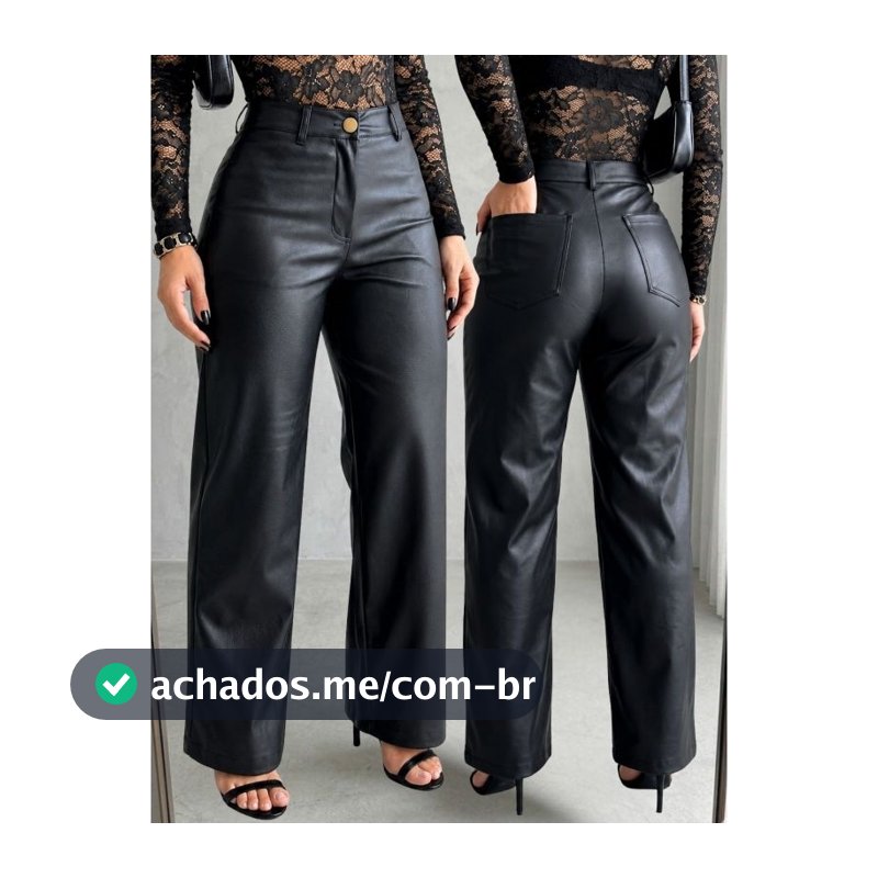 Calça Feminina Cintura Alta Wide Leg Pantalona Bolso Couro Premium Preta Fake