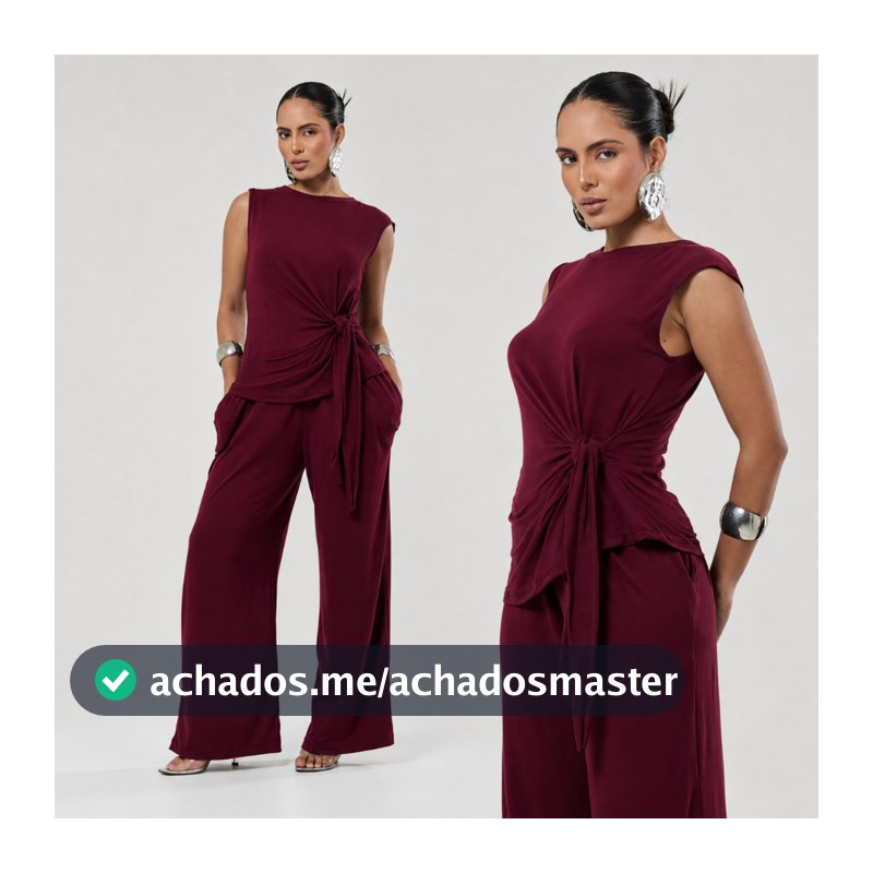 Conjunto Feminino Suede Calça Pantalona e Blusa Elegante assimetrica com amarração