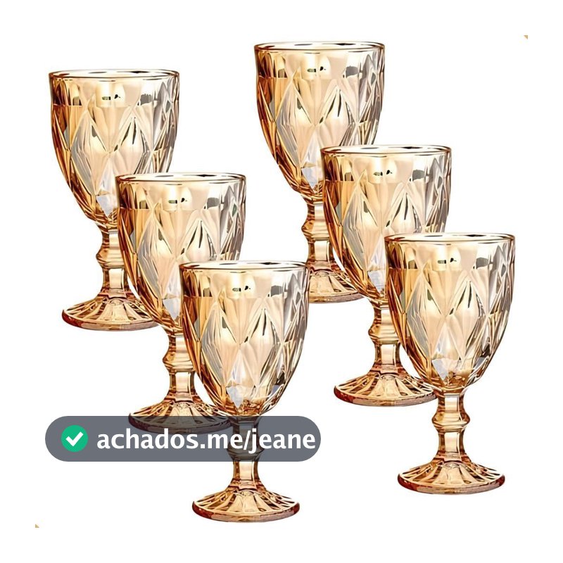 Jogo de 2/4/6/12 Taças de Vidro Diamond Transparente Ambar Furta Cor Verde Azul Borda Dourada 330ml