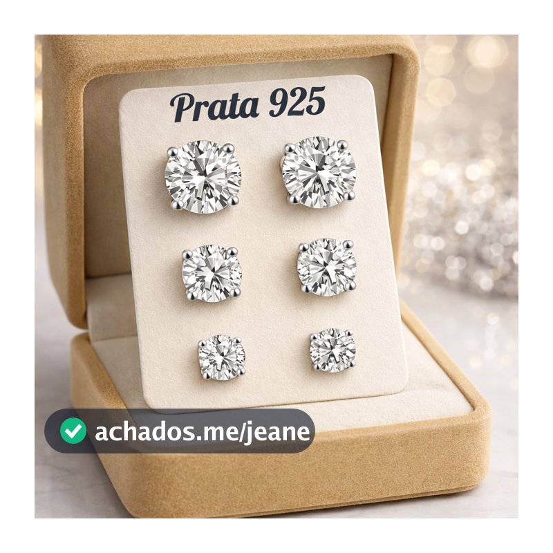 Kit 3 Pares de Brincos Femininos Prata 925 Legítima – Zircônia Brilhante Redonda Delicada Joia