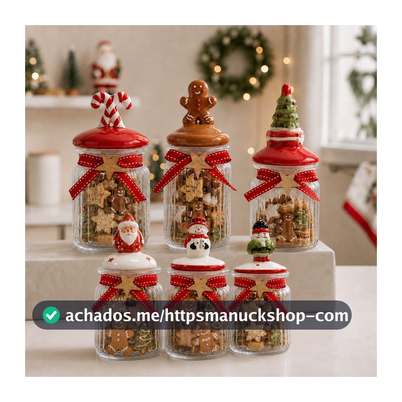 Potes de Vidro Natalinos 300mL - Porta Mini Biscoitos Porta Doces Bomboniere Decoração de Natal com Tampa Decorada