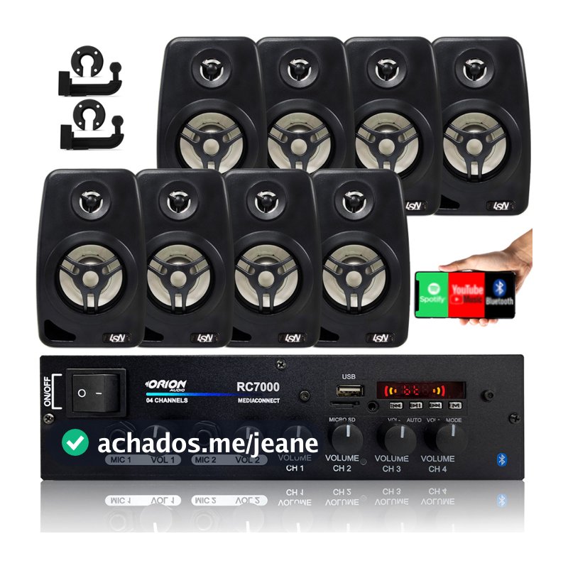 Kit Som Ambiente 500w Bt+8 Caixas Parede Pretas Leson 70 Rms