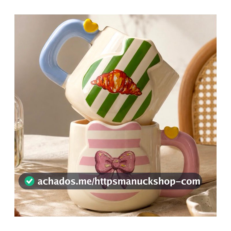 Xícara Em Porcelana 400ml — Design Candy de Croissant e Laço Delicado