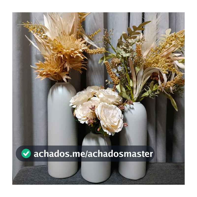 Conjunto trio Vasos Decorativos cerâmica p/ flores artificiais permanentes decoração rack Off white