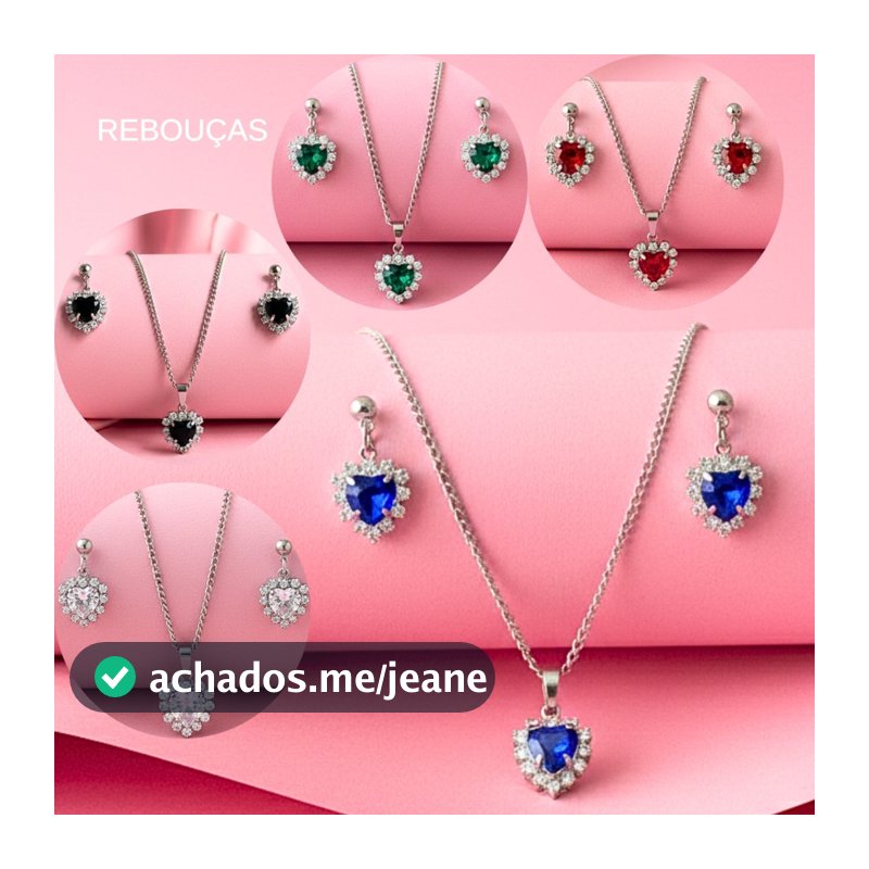 Conjunto Colar e Brinco Pingente Aço Inoxidavel Antialérgico Coração Cravejado