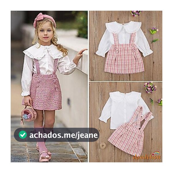 2-7 Anos Conjunto De Roupas Para Meninas , Peter Pan Collar Camisa De Manga Comprida + Saia Suspender Plaid