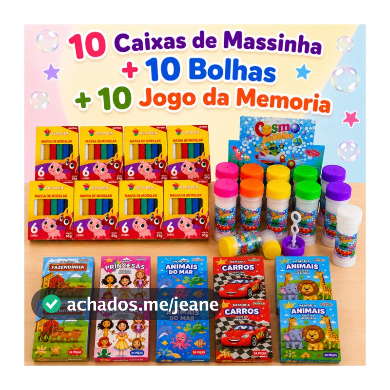10 Massinha de Modelar + 10 Bolha Sabão  + 10 Jogo Memoria Infantil Kit Festa Lembrancinha
