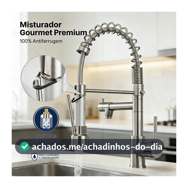 Torneira Cozinha Gourmet Inox Escovado Monocomando Com Spray Extensor Luxo Quente Fria Luxo Yesop