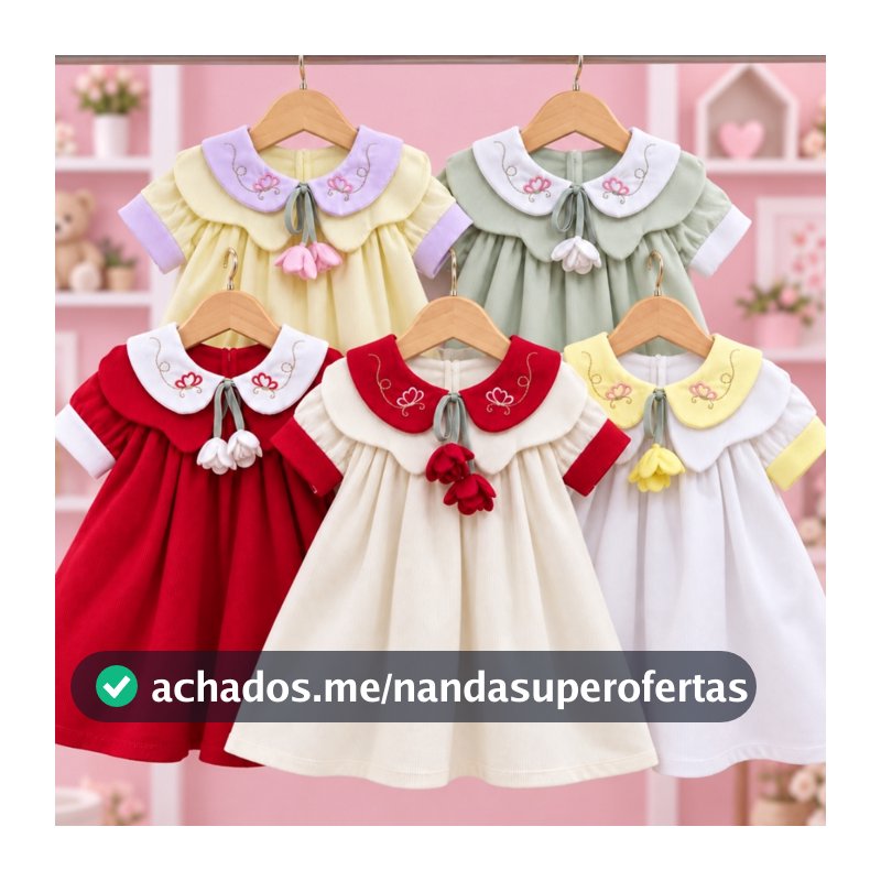 Vestido Infantil Menina com Gola Bordada Cordão Flor Delicado Confortável Tecido Fustão Vestido Para Bebe
