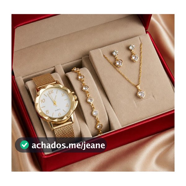 Relógio Feminino+ Kit Colar Brincos Pulseira Folheado A Ouro