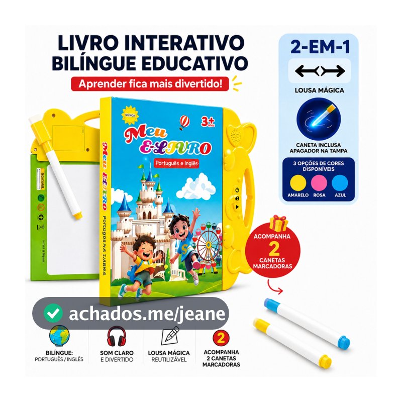 Livro Interativo Sonoro Bilíngue Infantil Português Inglês + Lousa Mágica Reutilizável + 2 Canetas Marcadoras 3+ Anos
