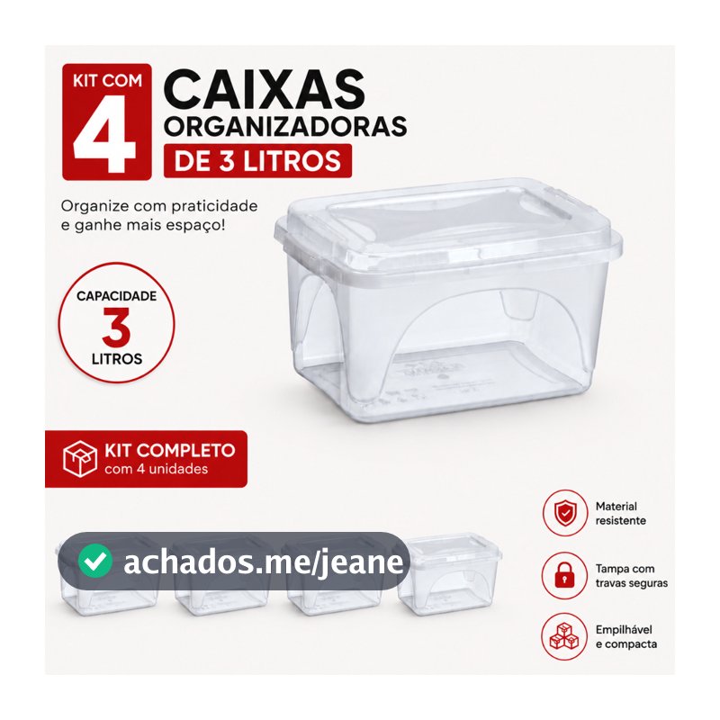 Kit 4 Caixas Organizadoras Multiuso 3L Transparente Tampa com Trava Para Cabos Linhas e Brinquedos