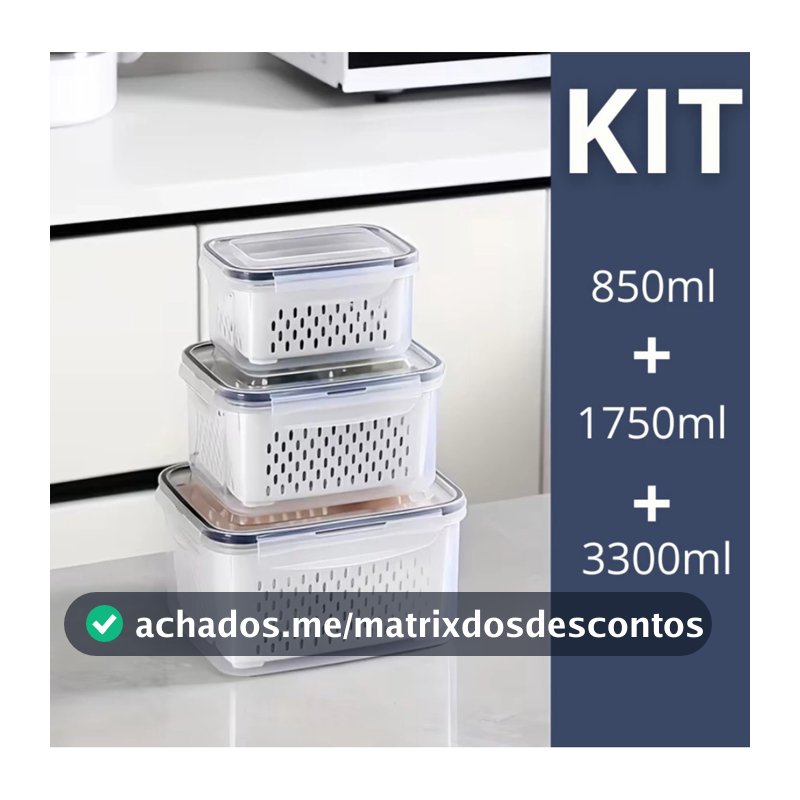 Kit 3 Organizadores Potes Hermetico 850ML/1750ML/3300ML Alimentos E Vegetais Para Geladeira c