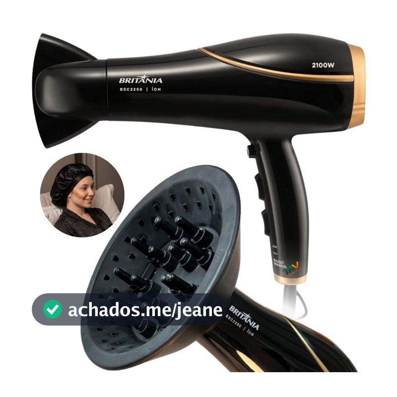 SECADOR DE CABELOS BRITÂNIA POTENTE 2200W BIVOLT AR FRIO E QUENTE + BICO DIFUSOR DE CACHOS + BRINDE