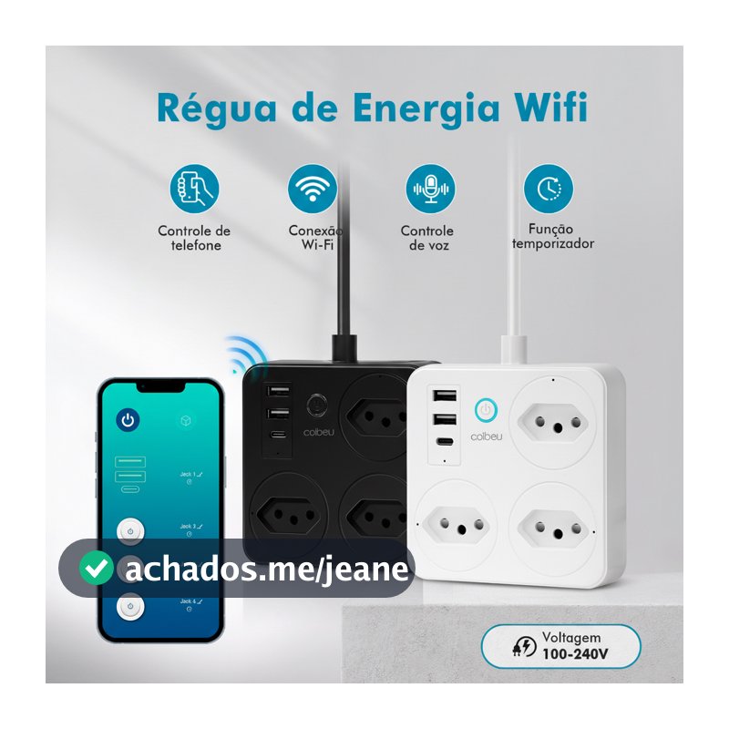 Tomada Inteligente Wi-Fi Compatível Tuya Alexa Google Assistente - Filtro de Linha USB-C Bivolt Padrão BR-F321
