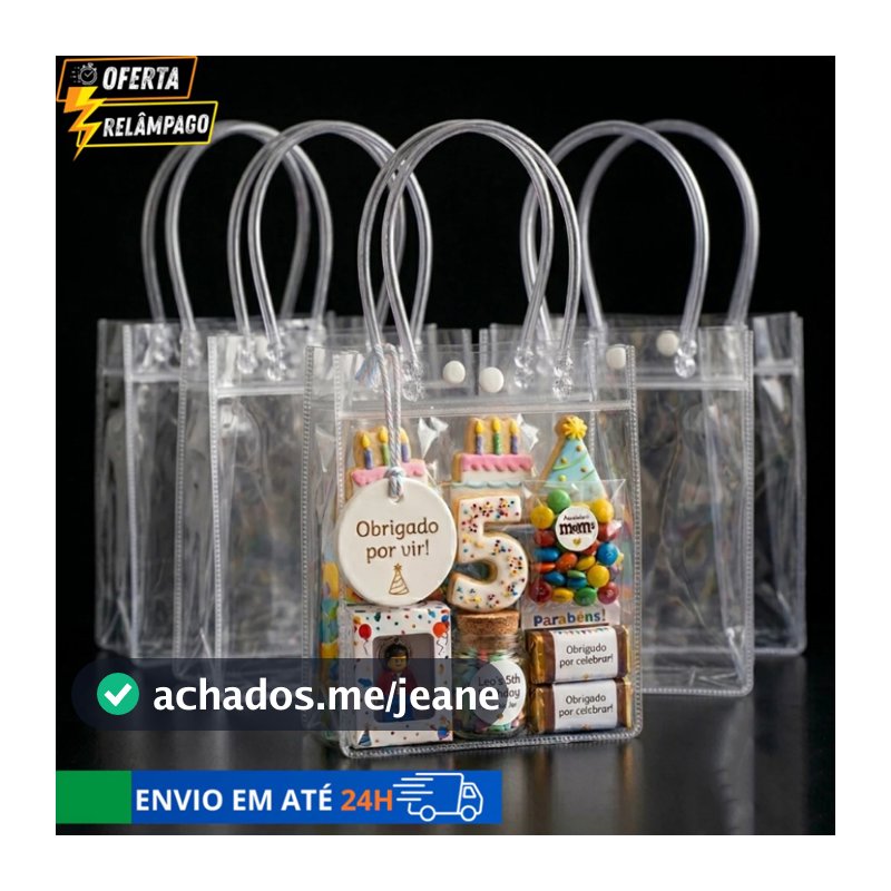 Kit 5/10/15/20 Sacola Transparente para lembrancinhas Presentes 15cmx16cmx7cm Fecho em Botão PVC Reutilizável Festas