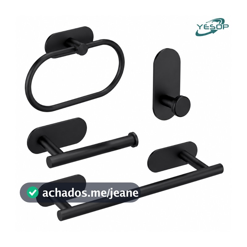 YESOP Kit Acessórios Banheiro 4 Peças Inox Sem Furo Adesivo Premium Parede Moderno Luxo Fosco Preto