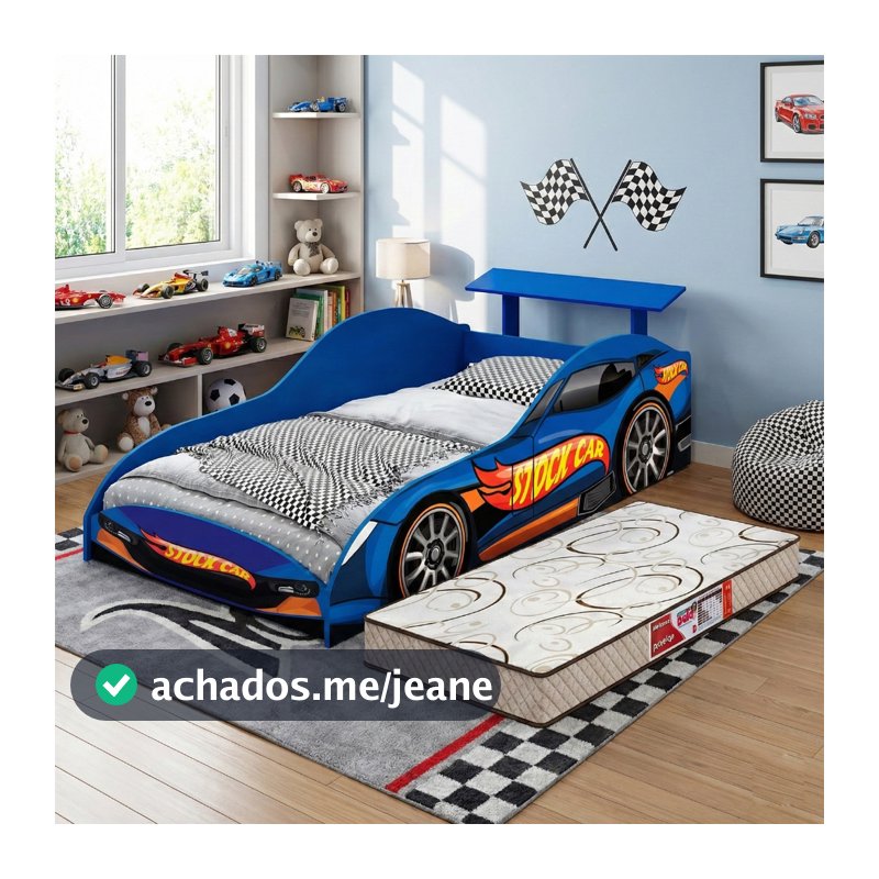 Cama Infantil Carro Stock Car Azul MDF Aerofólio com Juvenil Masculina Quarto Menino com colchão