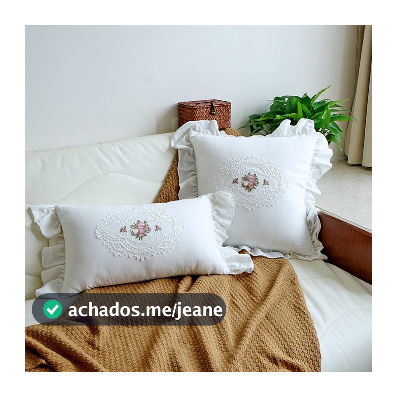 Capa de Almofada Bordada Francesa com Renda e Babados Luxo para Cama Sofá Quarto Branca 45x45/30x50