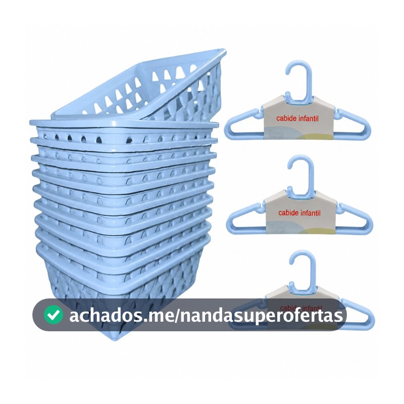 Kit 10 Cabides Infantil Azul + 10 Cestos Infantil Plástico Reforçado Criança Bebê Organizador