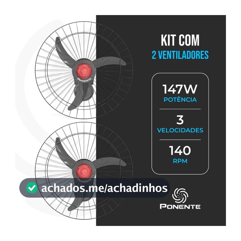 Kit 2 Ventiladores de Parede Ponente Good 60cm 147W Oscilante Econômico Procel A com Chave CCV Alta Potência