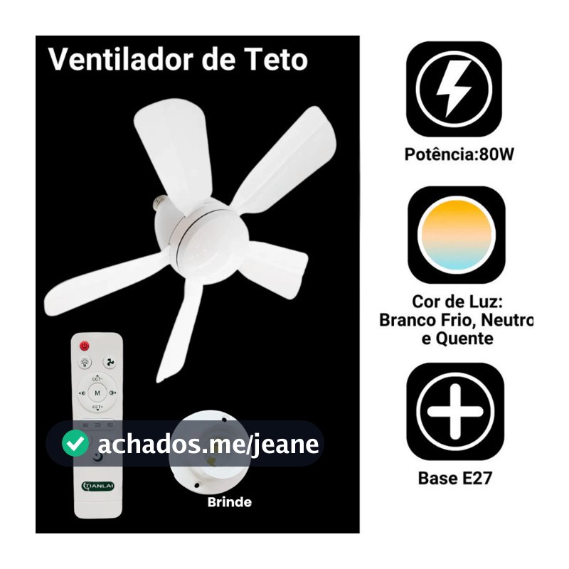 Ventilador de Teto 80w Bivolt 5 helices Oval LED Com bulbo 3 Cores E27 Controle Função Timing