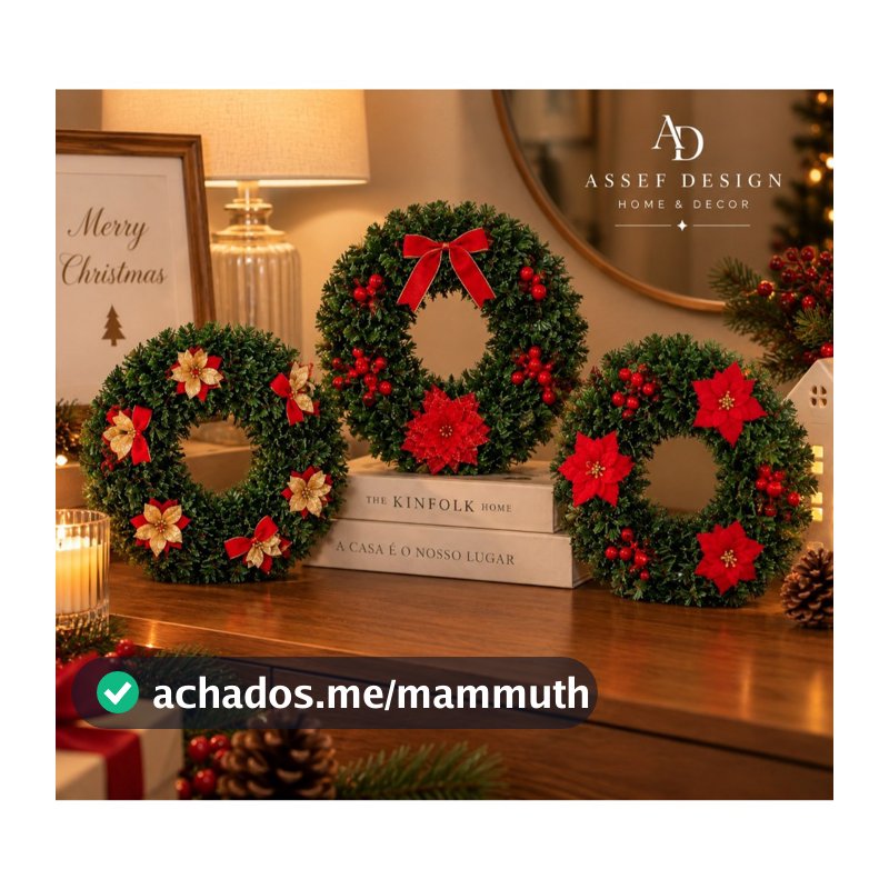 Guirlanda Natalina 40Cm De Natal Decorativa Para Porta Com Flores e Laços Vermelhas Douradas Decoração