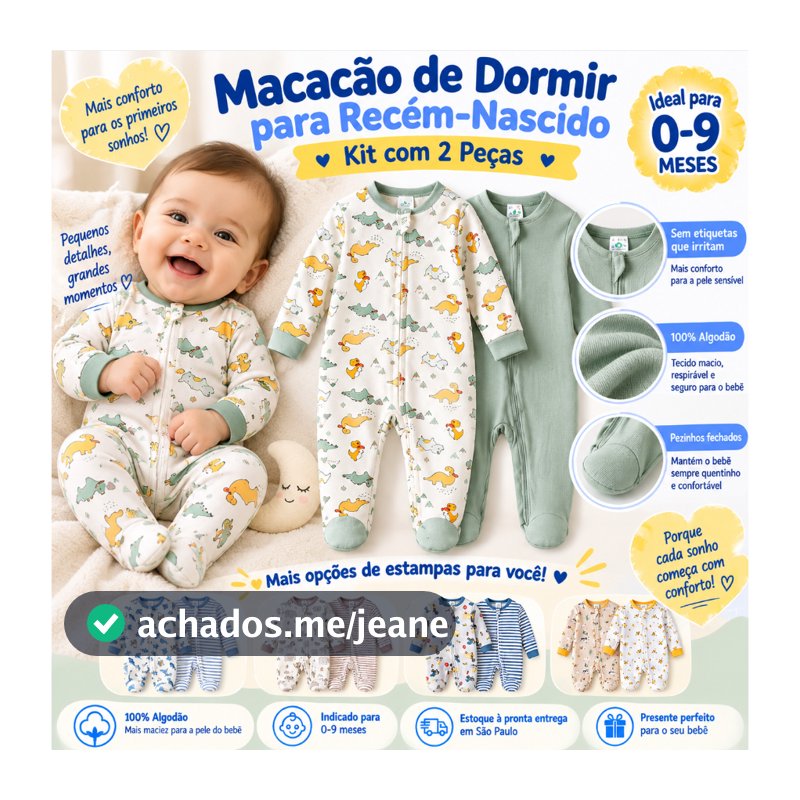 Kit 2 Macacão Pijama Bebê Dinossauro Verde Payifang 100% Fibra Bambu Antialérgico 0-3 3-6 6-9 Meses Zíper Com Pé Conjunt