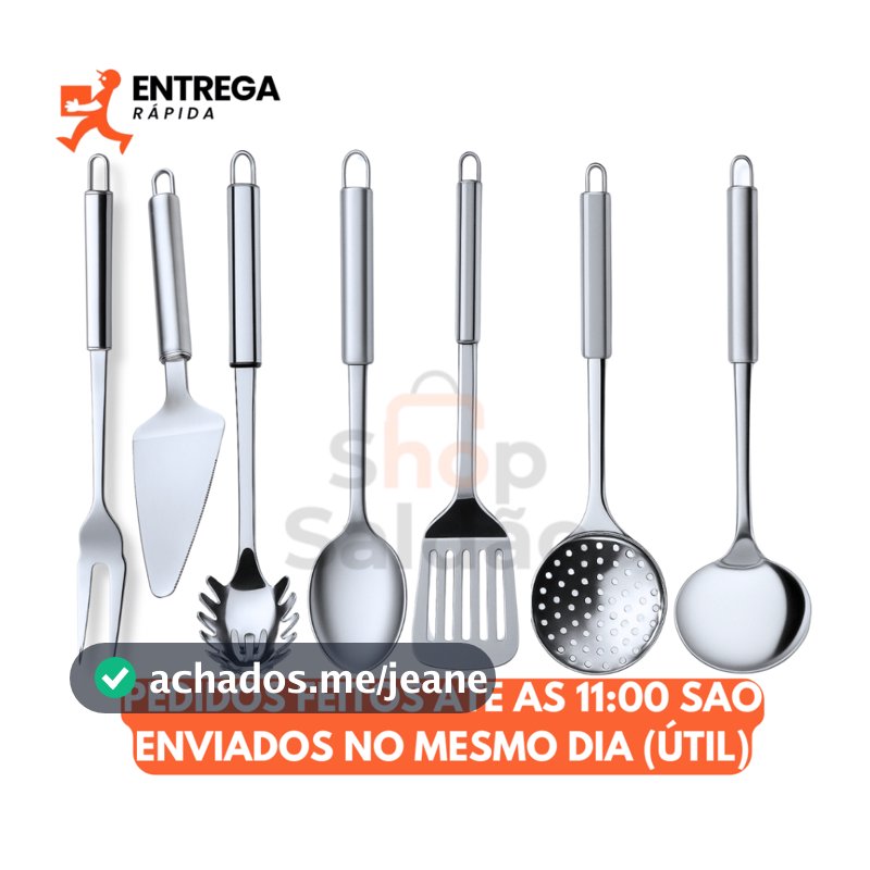 Kit 7 Utensílios para Cozinha Inox Espátula Concha Escumadeira Colher Pegador Massa Garfo Trinchante