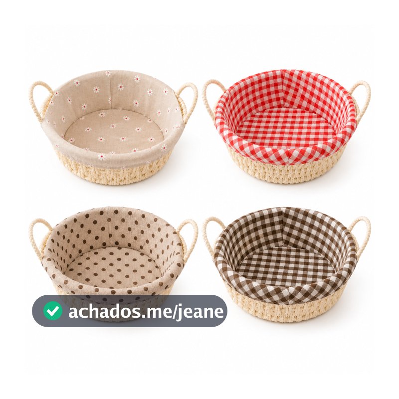 Cesto de Pão Redondo Para Café da Manhã com Tecido Forro e Alça Lateral Cozinha Multiuso