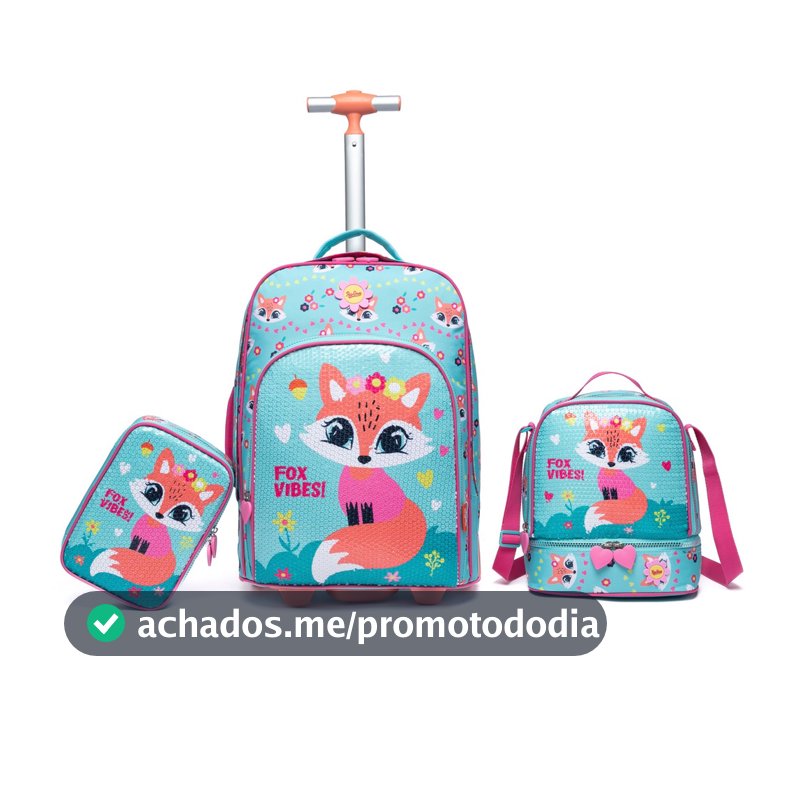 Kit Mochila Rodinha Raposa Feminina Menina Infantil Escolar Lancheira Térmica Estojo Organizador