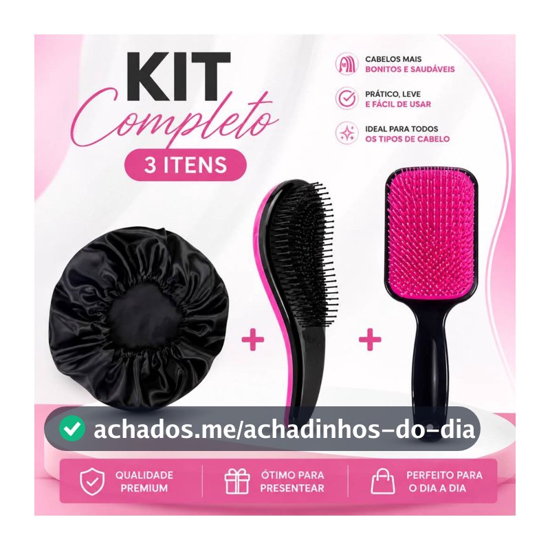 Kit De Escova Raquete Curvada + Escova Magica + Touca De Cetim