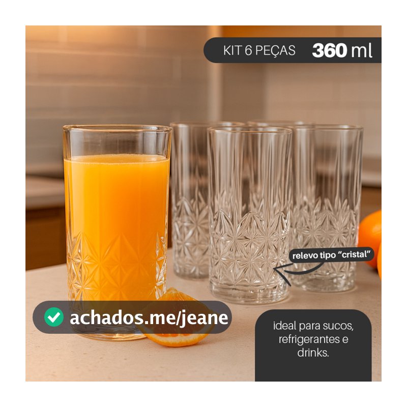 Jogo 6 Copos de Vidro Adhara 360ml – Design em Relevo Estilo Cristal