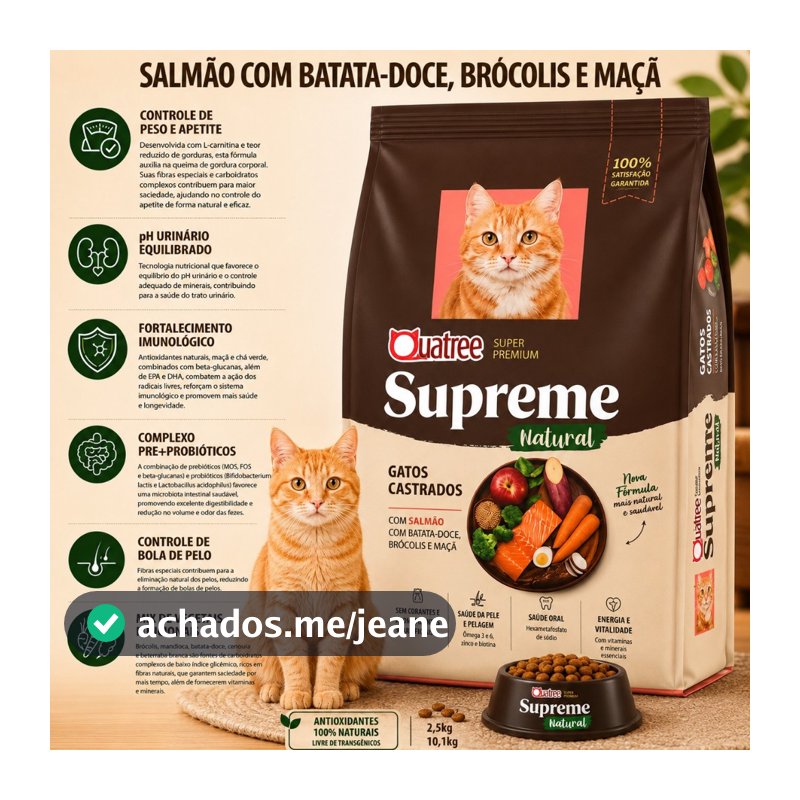 Ração Quatree Supreme Gatos Castrados 10kg Salmão Batata Doce Super Premium