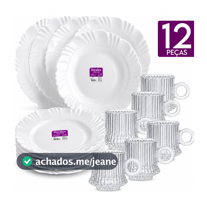Kit 12 Peças Duralex Opaline 6 Pratos Petala Fundo Vidro Branco e 6 Xícaras Robust Canelada Buffet