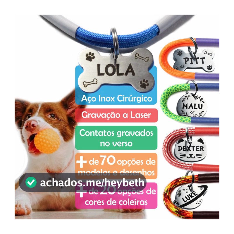 Plaquinha De Identificação Gravada C/ Coleira Personalizada