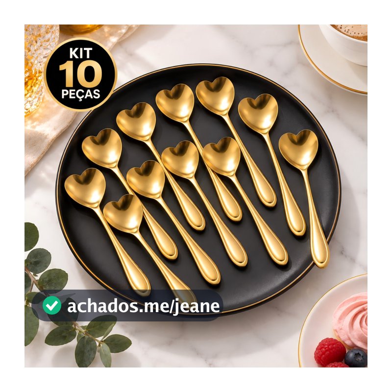 Kit 10 Peças Colheres Coração Douradas para Café Chá Sobremesa Mesa Posta Aço Inoxidável