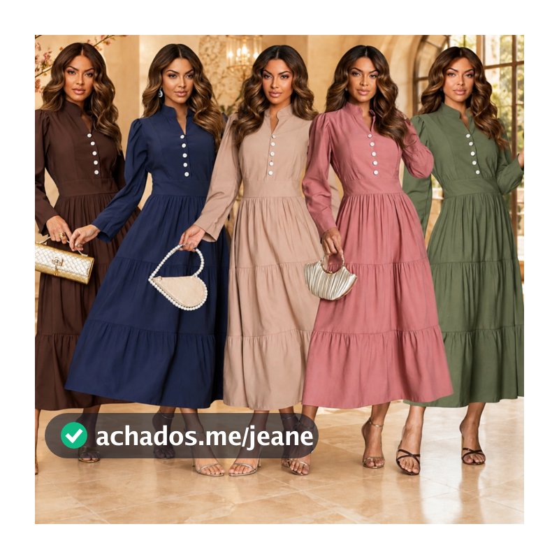 Vestido Evangélico Mídi 3 Marias Manga Longa com Botões Frontais, Tecido Sensorial Elegante, Confortável, Modesto e Chic