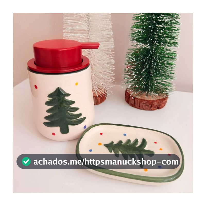 KIT DE BANHEIRO NATALINO EM CERAMICA ARVORE DE NATAL 13CM - 2 PEÇAS