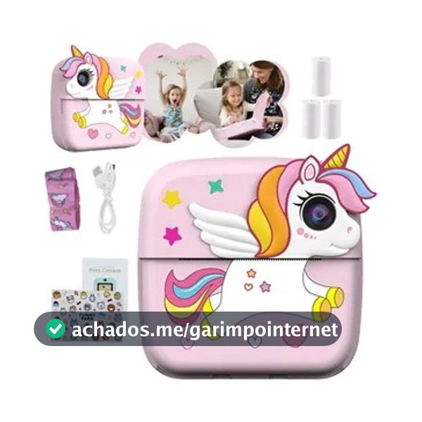 Câmera Fotográfica Instantânea Infantil Rosa para Meninas Imprime Foto de Verdade Brinquedo de Luxo Kit Com Papel Térmic