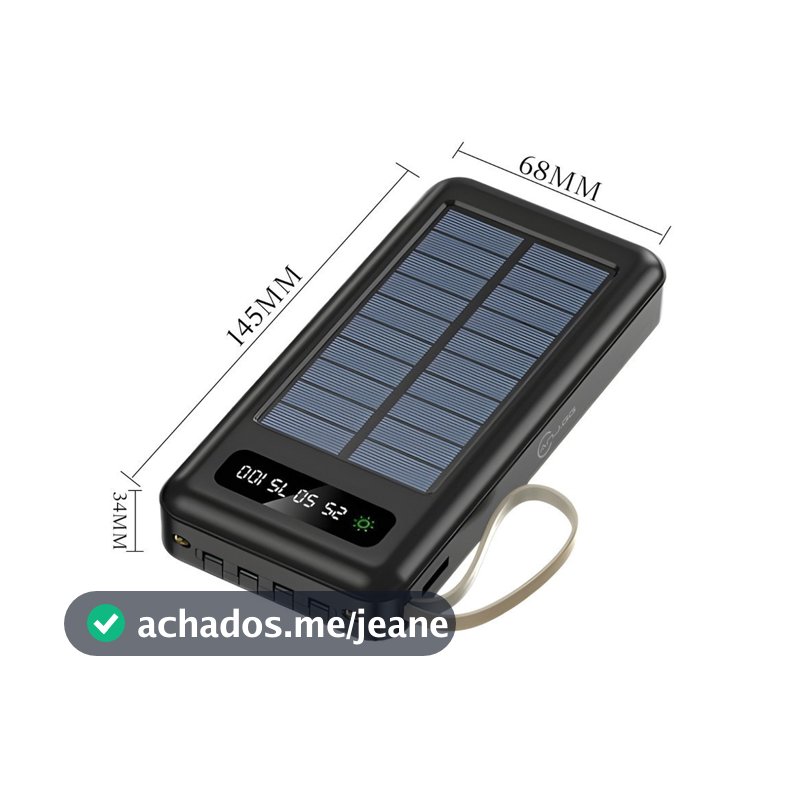Carregador Portátil Solar 20000mAh Power Bank com Cabos Embutidos Display Digital USB Rápido