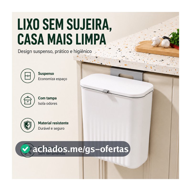 Lixeira Dobrável Suspensa para Cozinha Porta de Armário Grande Capacidade com Tampa Retrátil Economia de Espaço