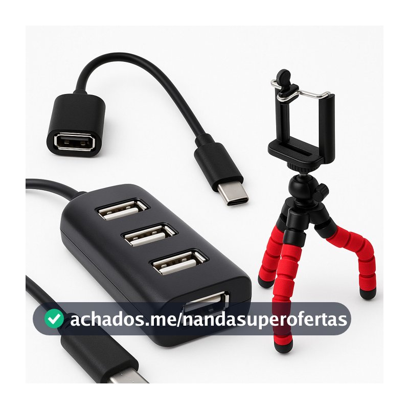 Kit Hub Usb 4 Portas + Cabo OTG Tipo C Para Usb + Tripé Flexível Suporte Celular Kit Mobilador
