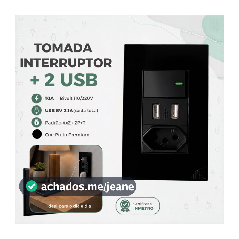 Tomada Preta USB Dupla 2.1A Interruptor simples 1 Tecla 10A Bivolt NBR Padrão Brasileiro Parede
