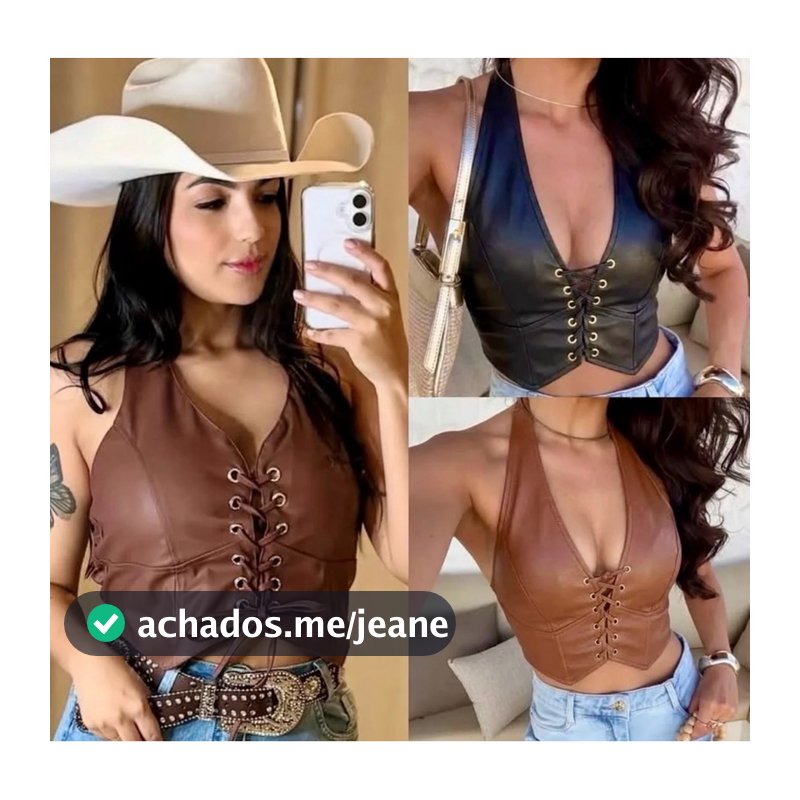 Cropped Feminino Courino Amarração Frontal Com Bojo | Top Halter Neck Couro Fake Ajustável com Ilhós Inverno 2026