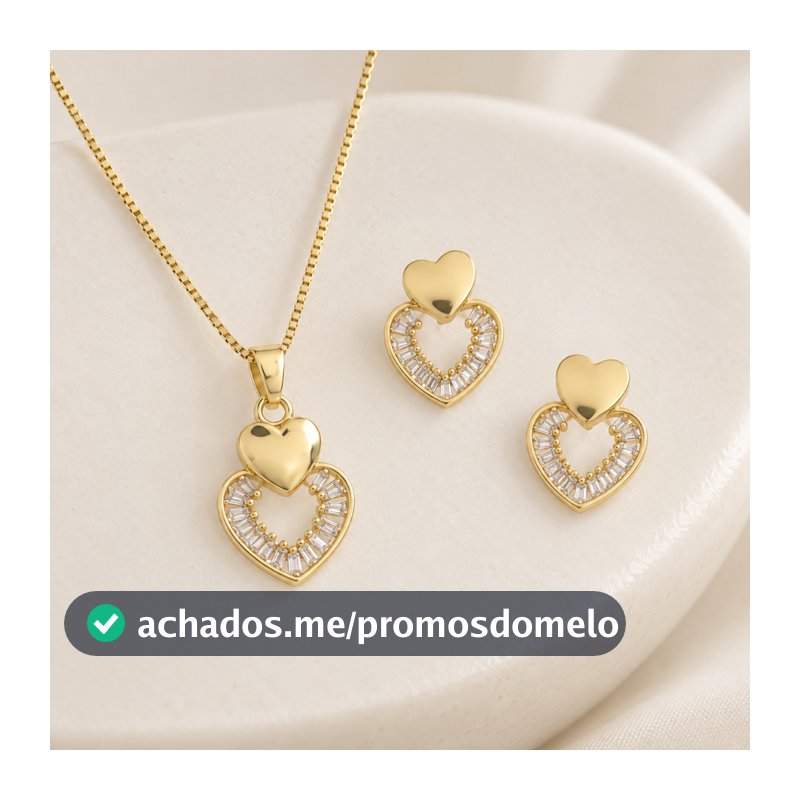 "Conjunto Feminino de Colar e Brincos de Coração Duplo com Pedras Brilhantes e Corrente Ajustável "