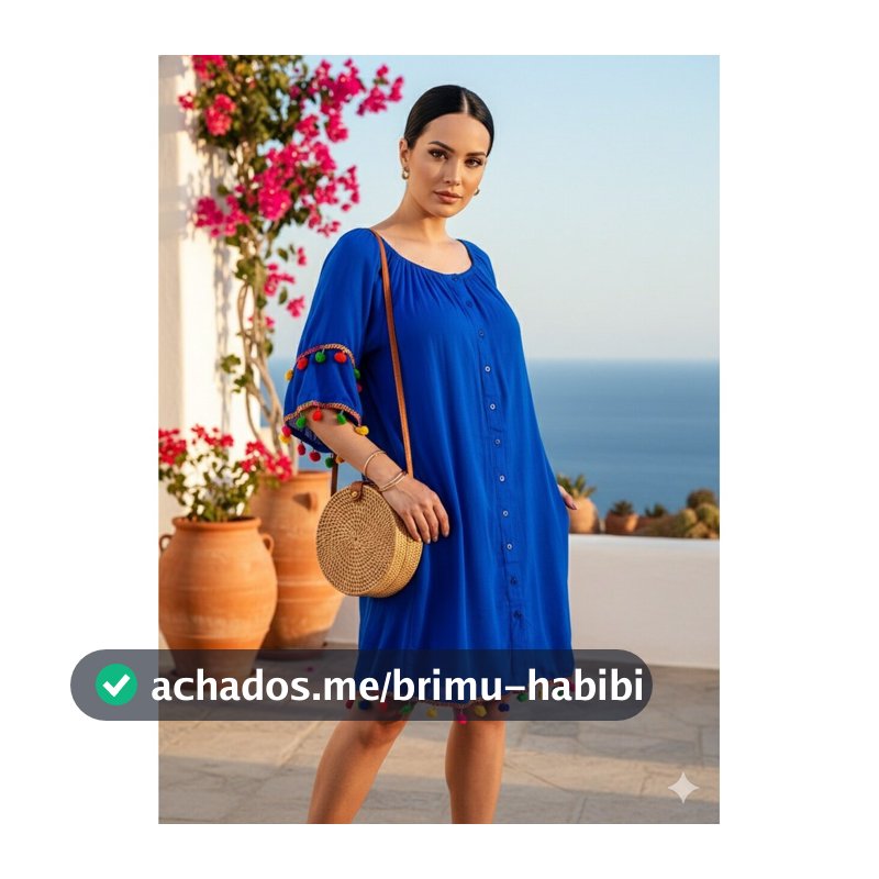 Vestido Feminino Boho Chic Azul Royal C/ Pompons Coloridos Blogueira Verão Tendência 2026 #100514