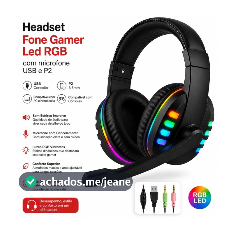 Headset Fone Gamer Led RGB com microfone USB e P2 Para PC Computador Headphone Videogame