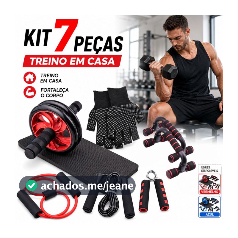 Kit Fitness 7 em 1 Roda Abdominal Flexão Corda Elástico Hand Grip Tapete Treino em Casa Luvas